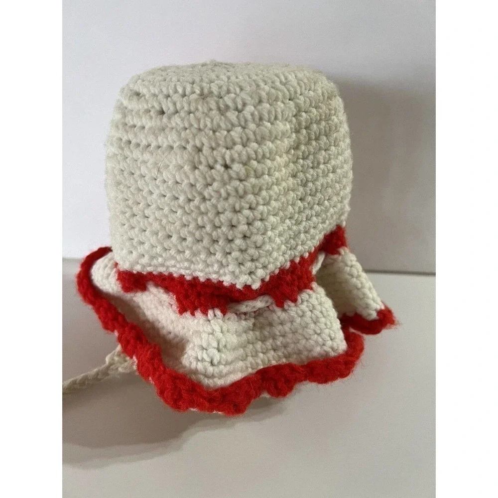 Vintage Girls Flower Crochet Knit Hat Tie Ear Flap Adjustable​​​​​​